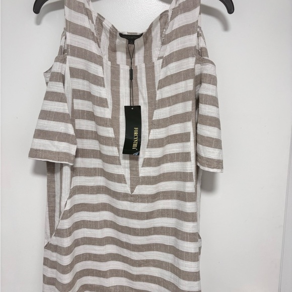 For Cynthia Part Linen Beige and White Striped Top - Picture 1 of 6